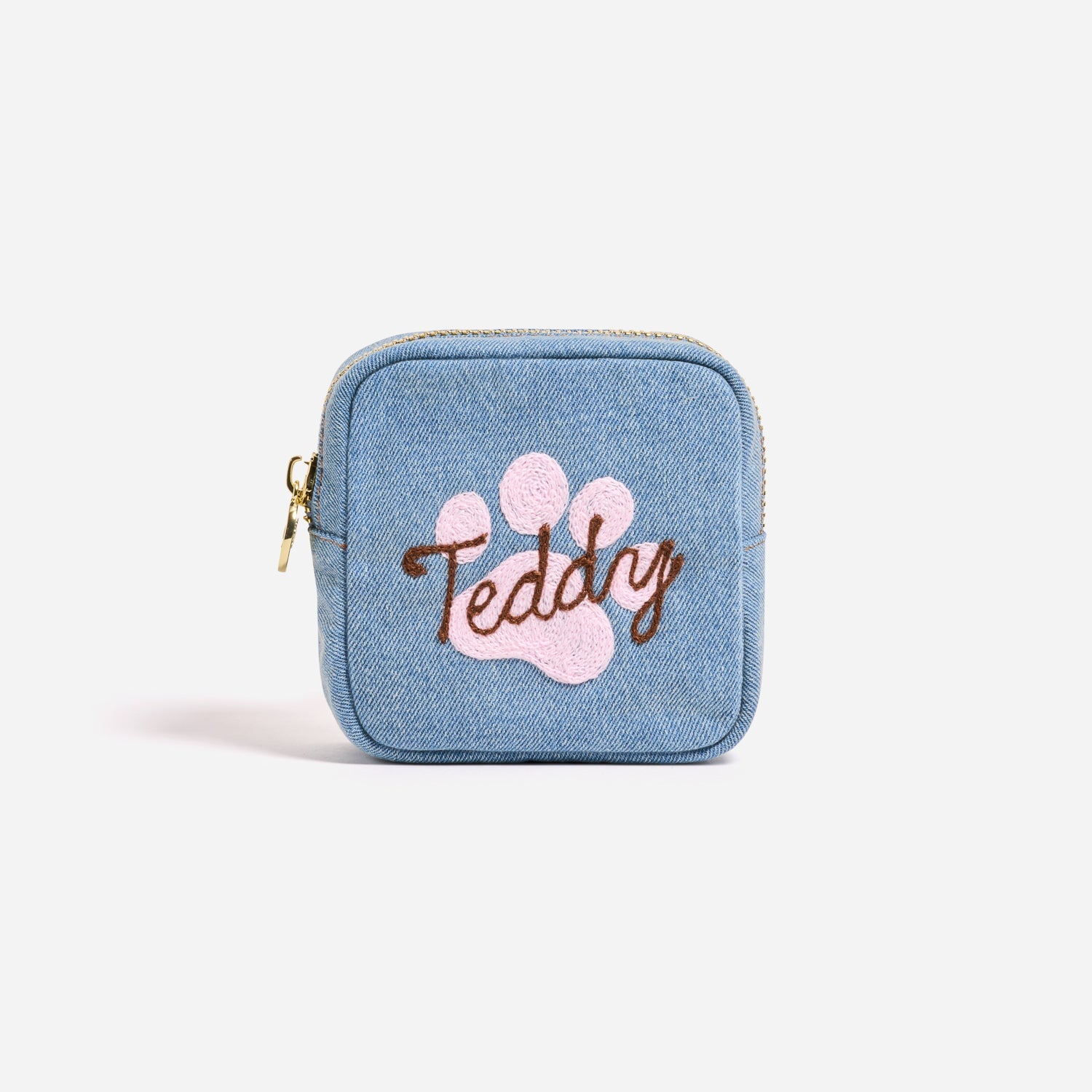 Custom Hand Embroidered Pet Paw Denim Mini Pouch