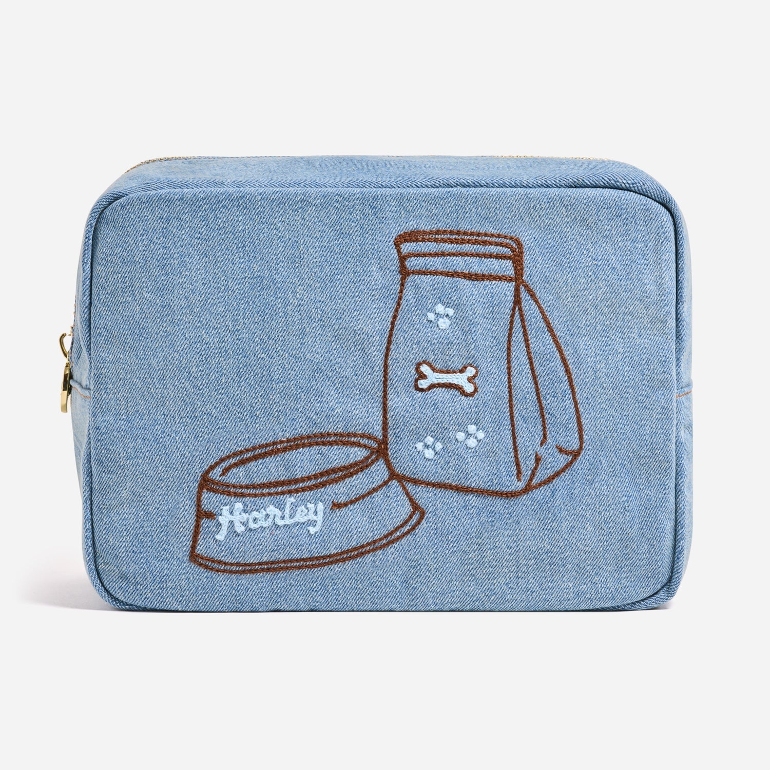 Custom Hand Embroidered Pet Food Bowl Denim Large Pouch