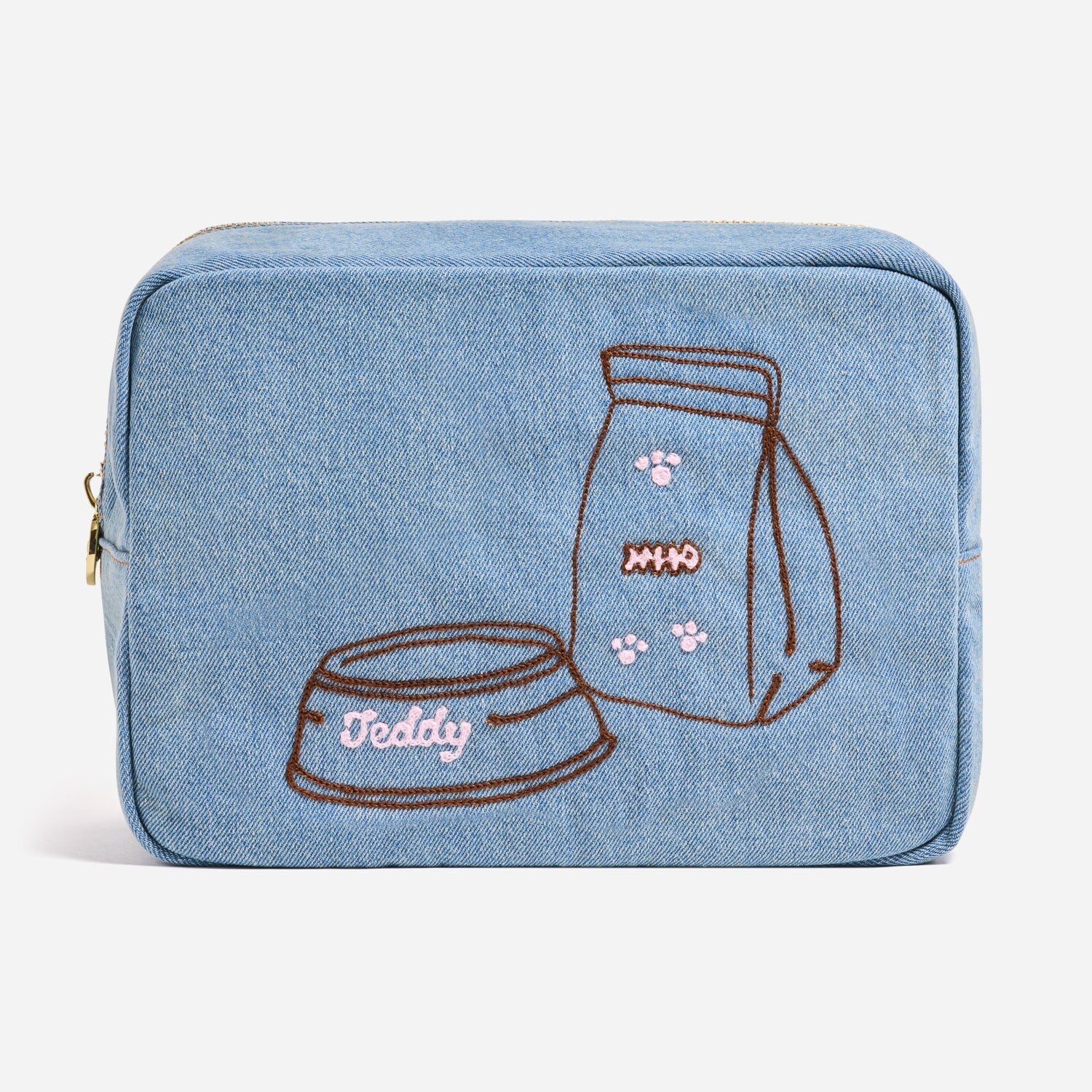 Custom Hand Embroidered Pet Food Bowl Denim Large Pouch