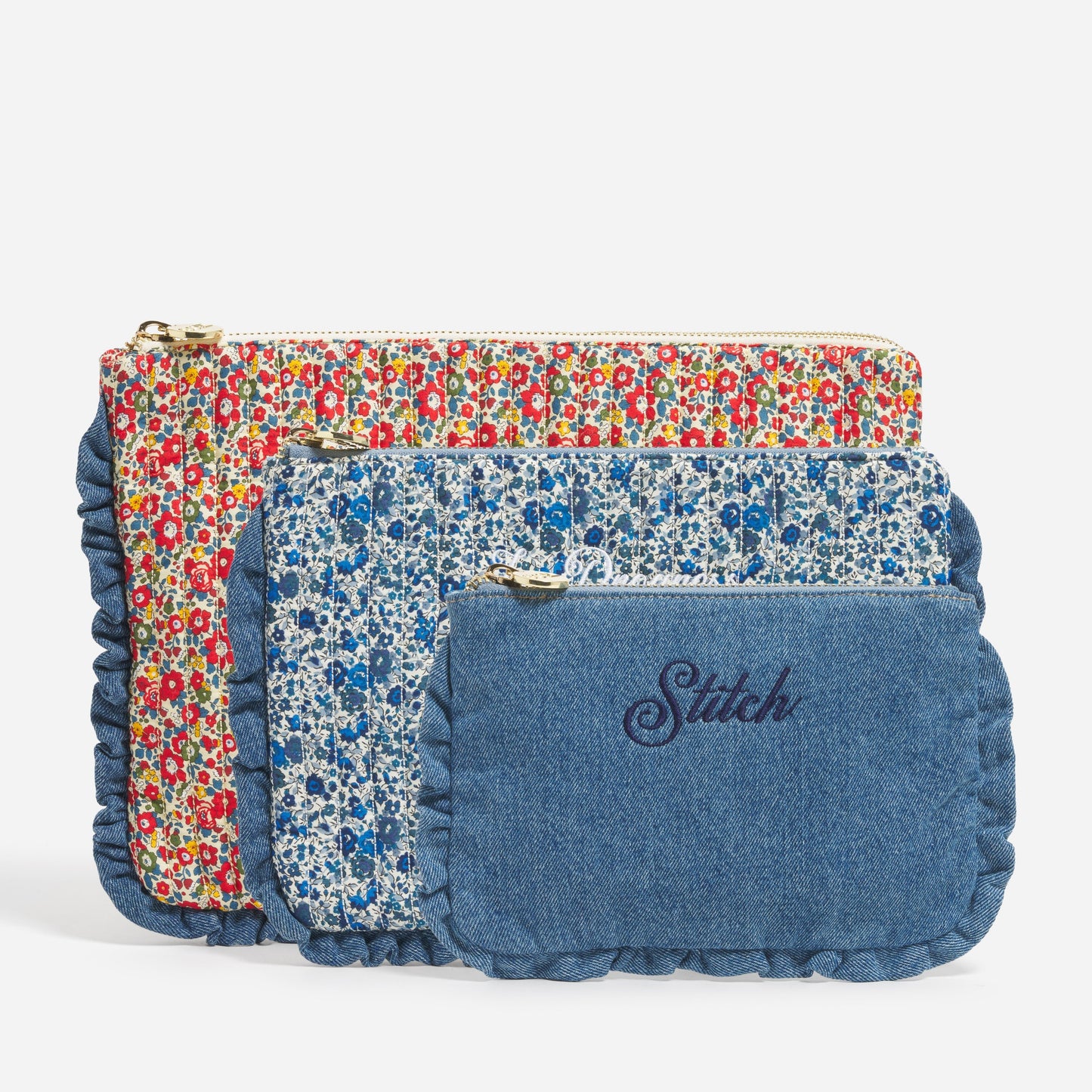 Custom Embroidered Flat Pouch Set Made with Liberty Fabric - Stoney Clover Lane