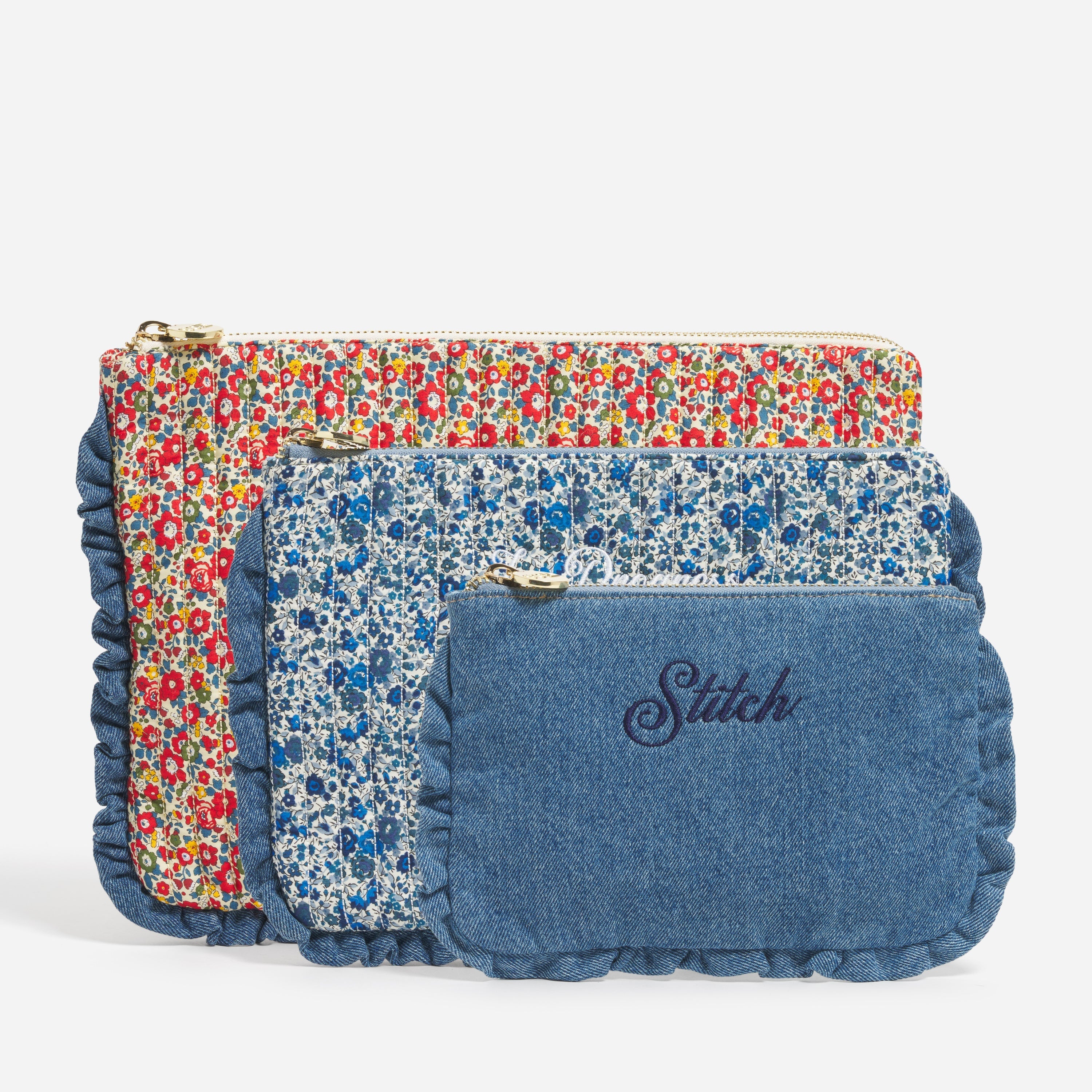 Custom Embroidered Flat Pouch Set Made with Liberty Fabric - Stoney Clover Lane