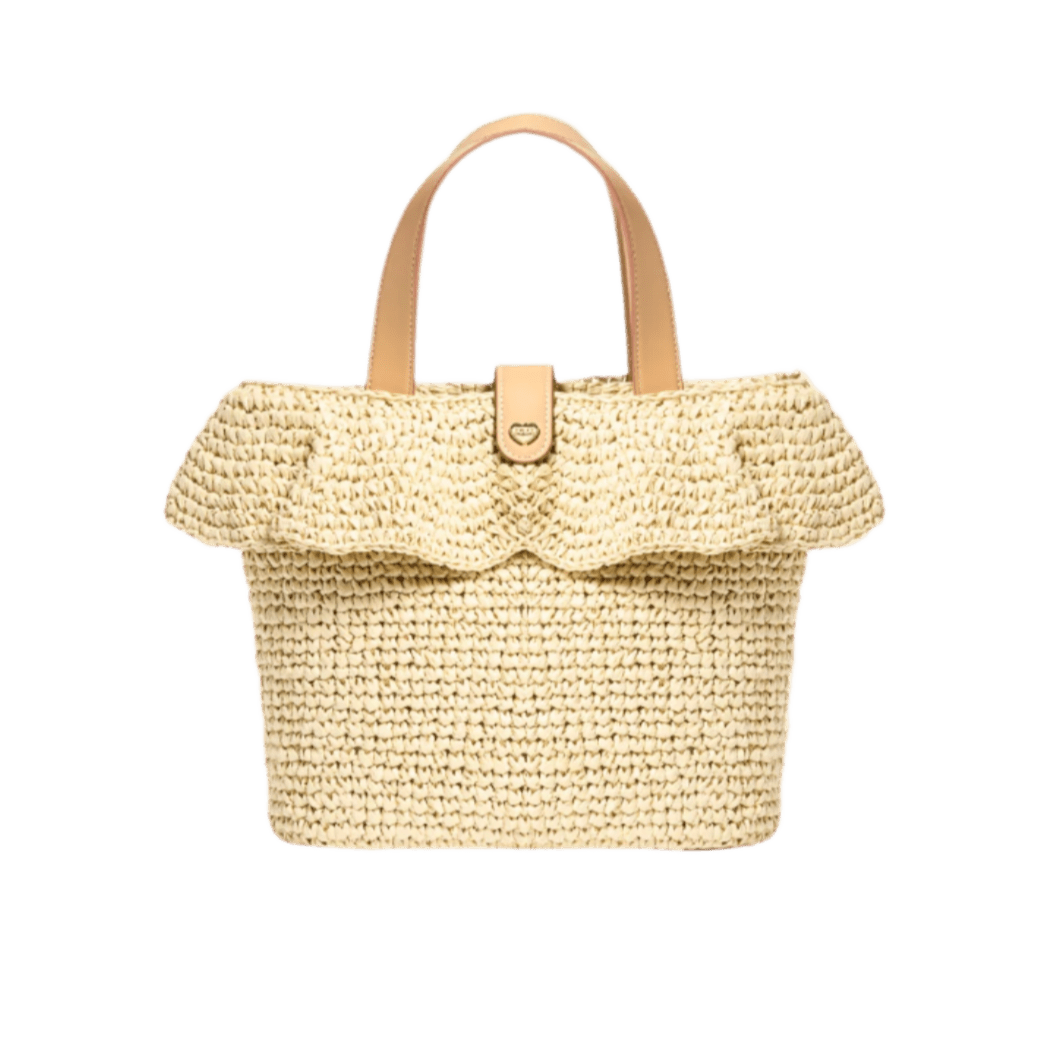 Woven straw handbag with a ruffled top on a white background