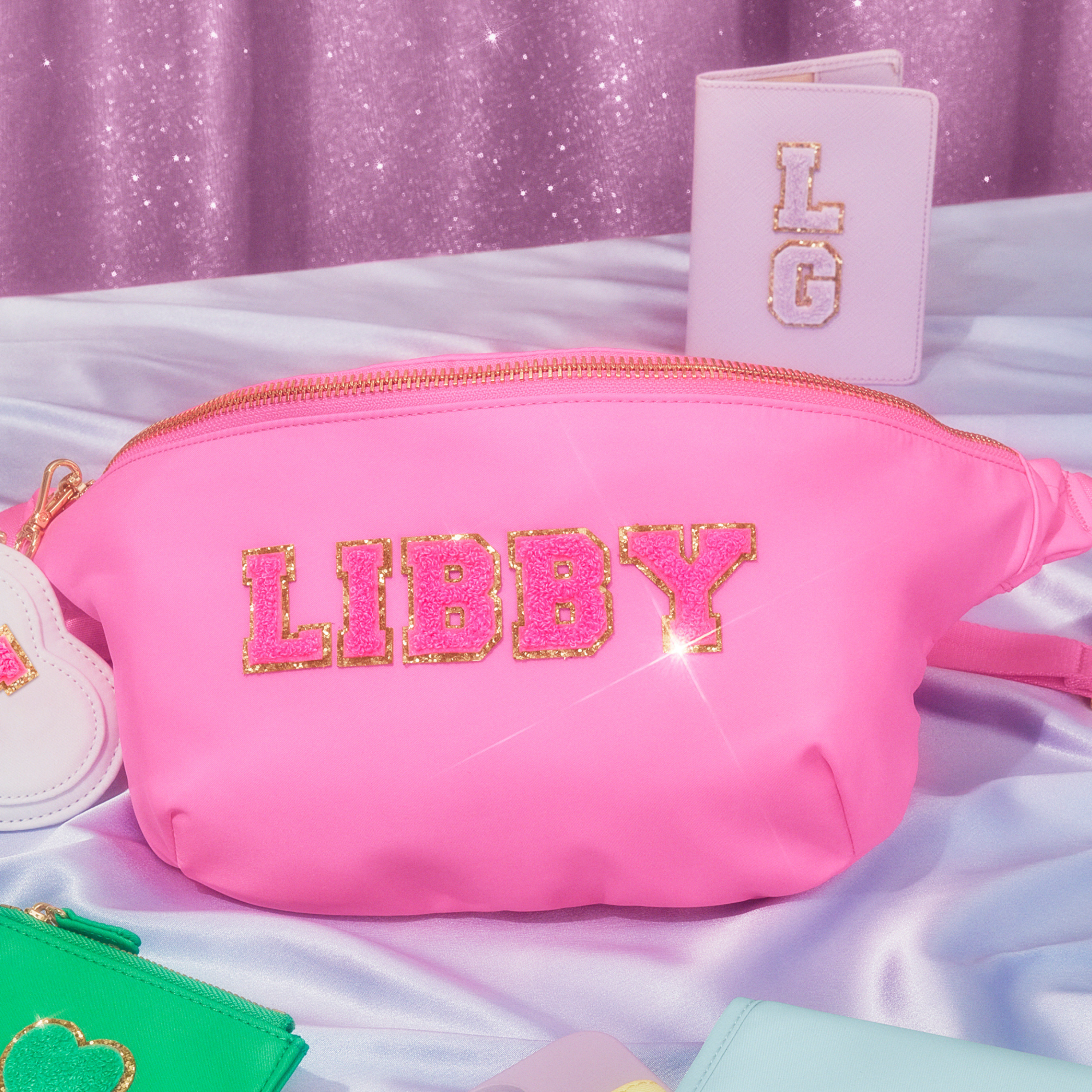 Fanny Pack with Pink Patches Spelling the word Libby