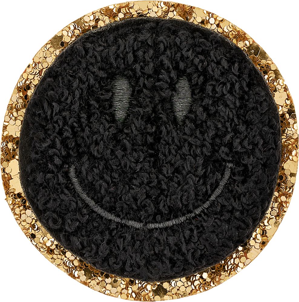 Noir Glitter Varsity Smiley Face Patch