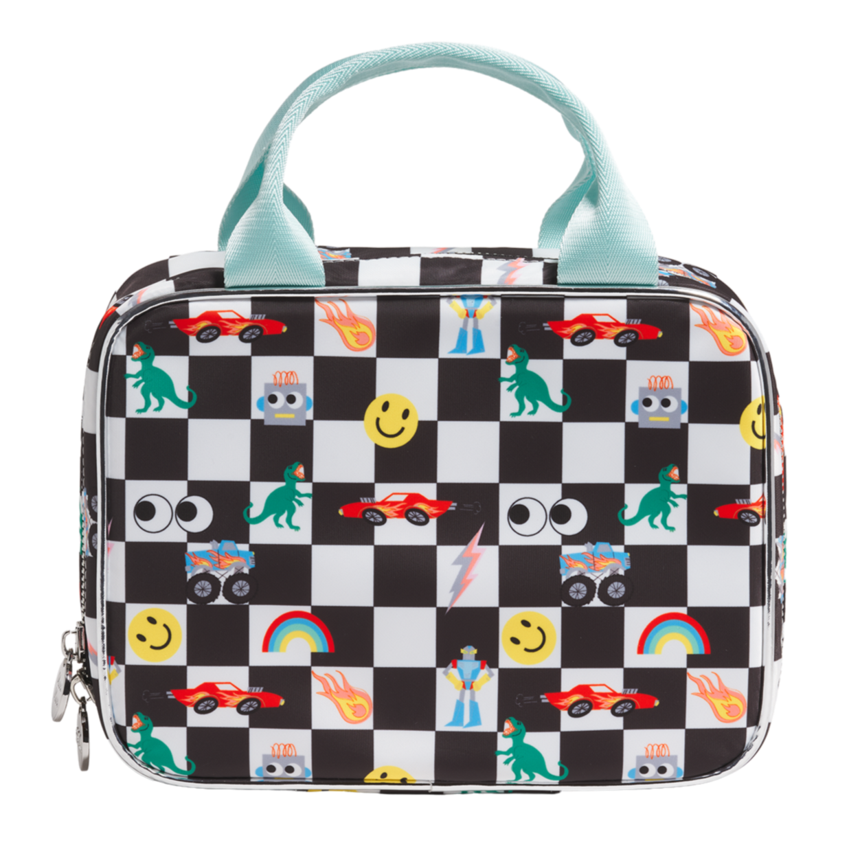 Checkered bag with cartoon designs on a white background