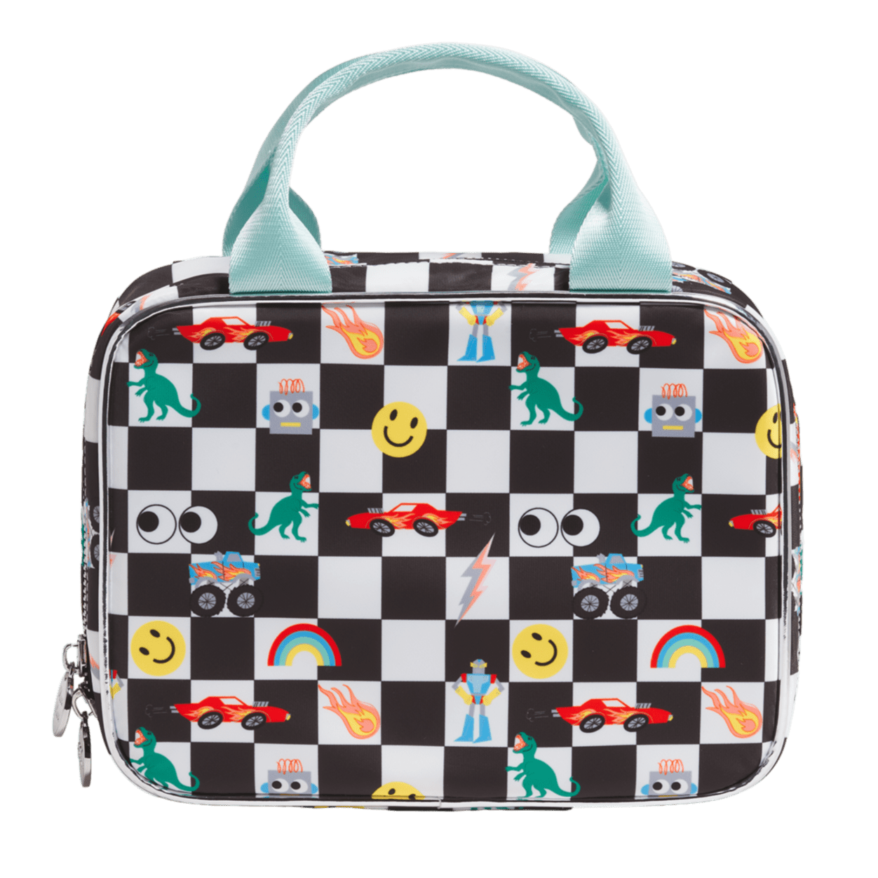 Checkered bag with cartoon designs on a white background